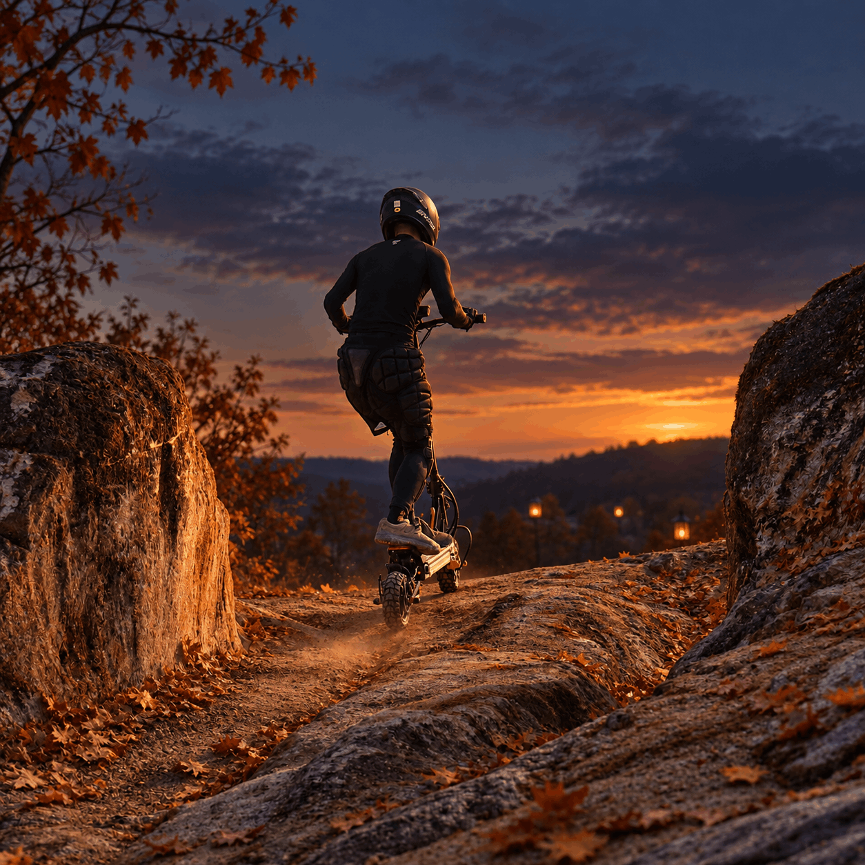 Rider using the iENYRID ES1 on rough private terrain at dusk