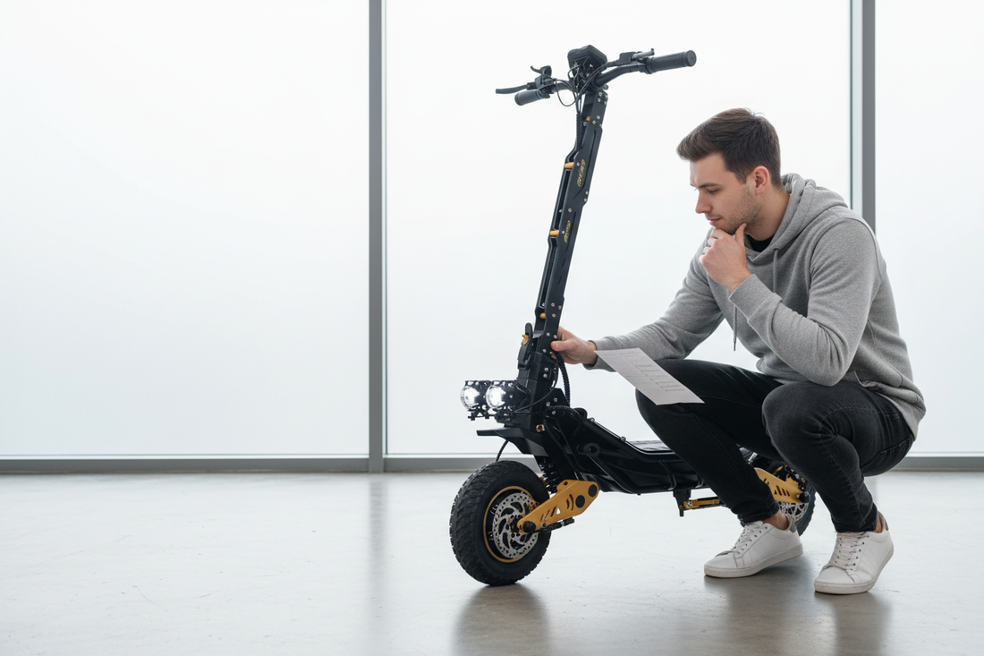 Buyer inspecting the brakes and tyres of a dual motor off-road electric scooter