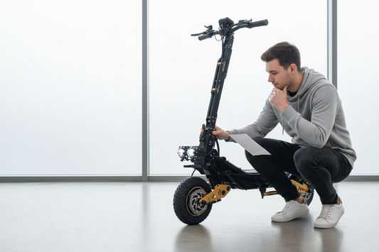 Buyer inspecting the brakes and tyres of a dual motor off-road electric scooter