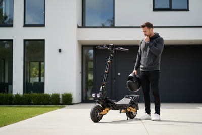 Rider with a helmet standing beside a dual motor off-road electric scooter on a driveway