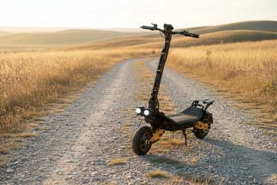 Dual motor off-road electric scooter parked on a gravel trail at golden hour