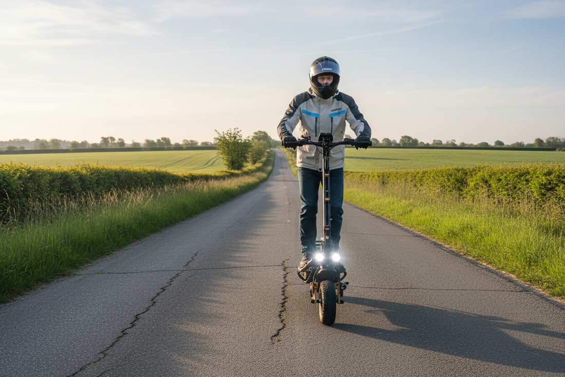 Rider cruising on a dual motor electric scooter along an open countryside lane