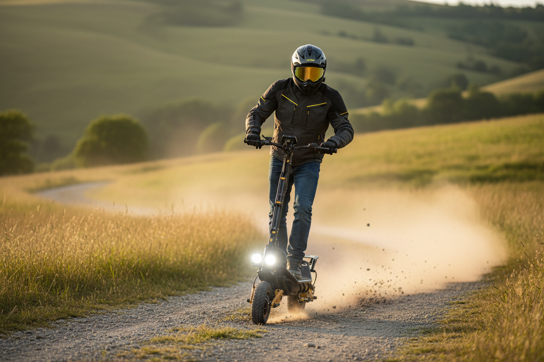 Rider on a dual motor off-road electric scooter on a gravel trail through rolling hills