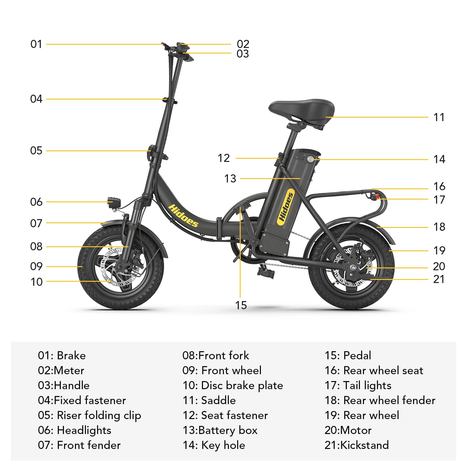 Hidoes C5 Street Legal Electric Bike for Adults With 250W Motor, 36V 10.4Ah Battery, 14" Tubeless Tire, Long Range 17 Mi, Max Speed 15.5 Mph, Max Load 265 Lbs. This Folding Electric Bicycle Is Perfect For Daily Commuting.