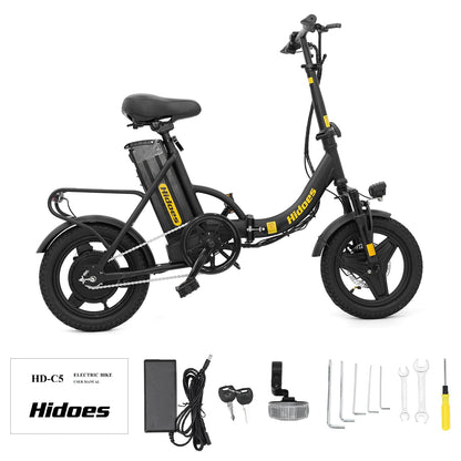 Hidoes C5 Street Legal Electric Bike for Adults With 250W Motor, 36V 10.4Ah Battery, 14" Tubeless Tire, Long Range 17 Mi, Max Speed 15.5 Mph, Max Load 265 Lbs. This Folding Electric Bicycle Is Perfect For Daily Commuting.