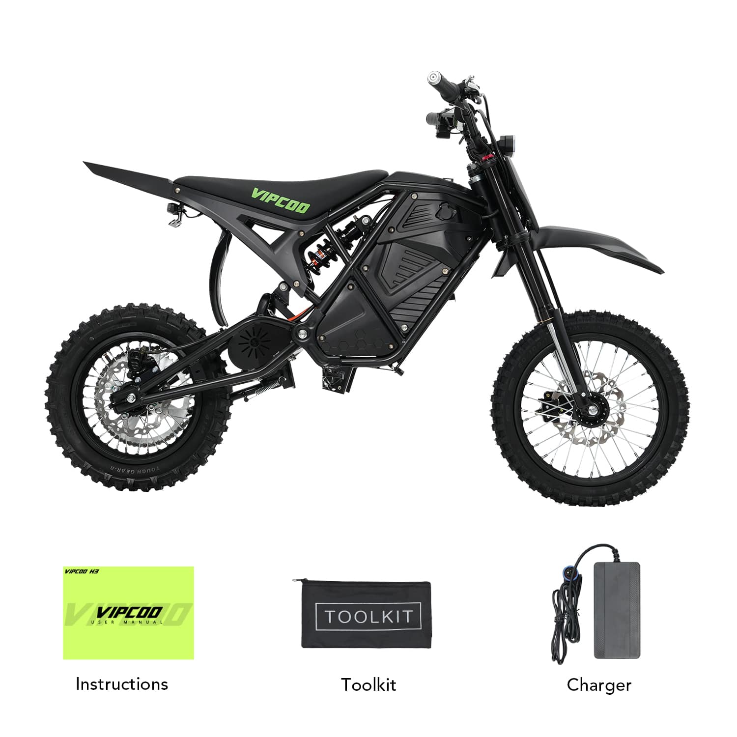 VIPCOO H3 Electric Dirt Bike - Max Speed 37 MPH - Black COLOR accompanied by an instruction manual, toolkit, and charger on a white background.