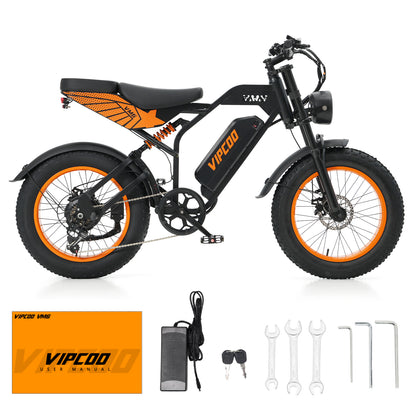 VIPCOO VM6 Fat Tyre Electric Bike For Adults, 750W Motor, 48v 18.2ah battery, max speed 25 mph, pure electric range 30 miles, pedal assist range 47 miles, max load 330 lbs