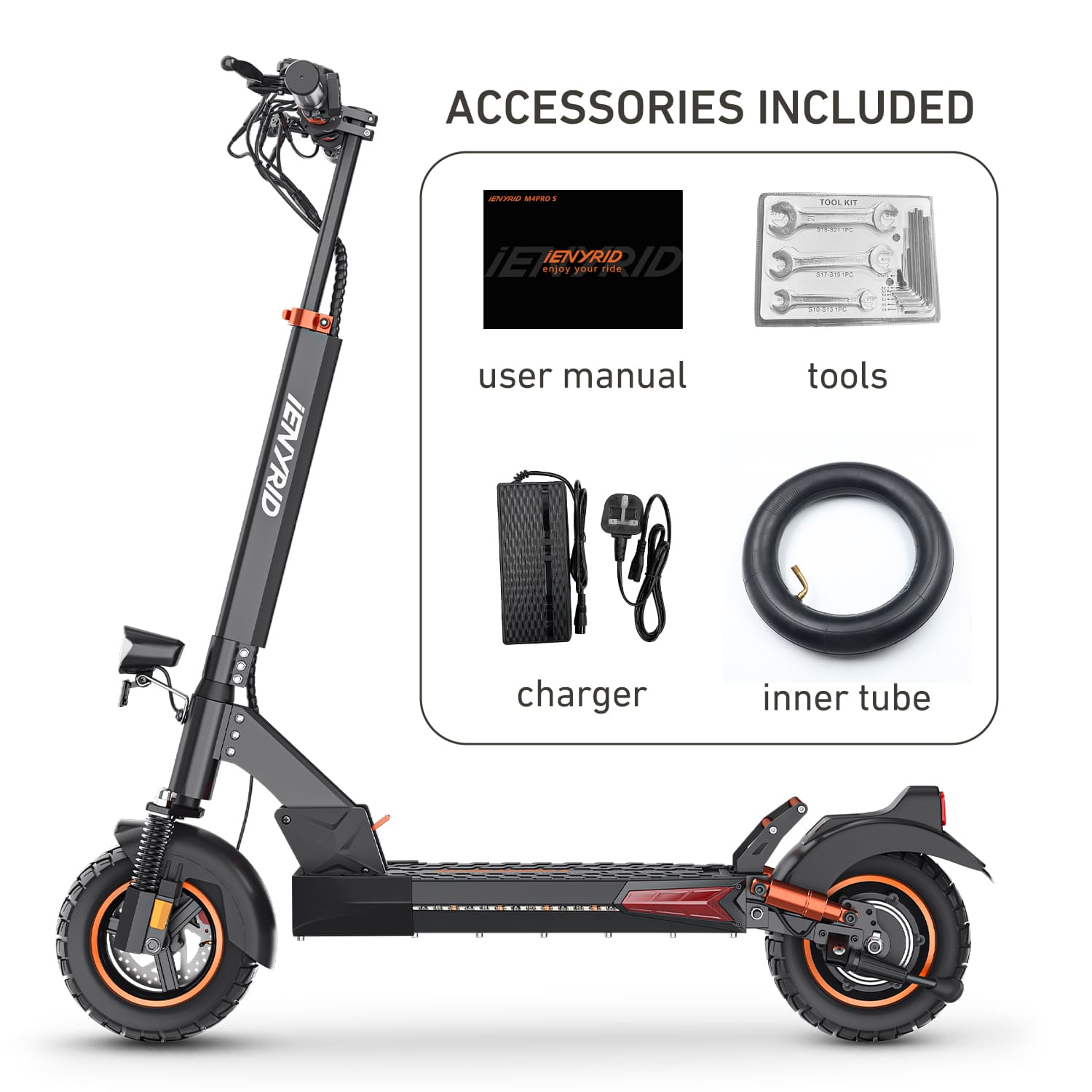 iENYRID M4 Pro S is folding electric scooter with advanced braking, dual suspension, and full safety lighting.