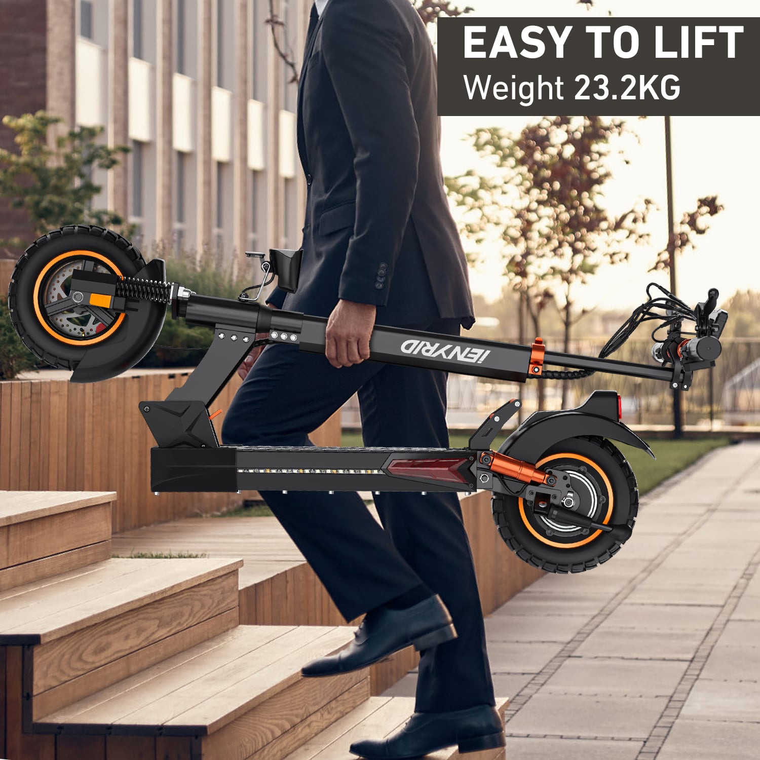 iENYRID M4 Pro S is folding electric scooter with advanced braking, dual suspension, and full safety lighting.